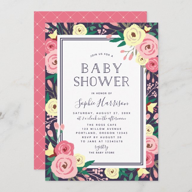 Garden Blooms Floral Pink Baby Shower Invitation (Front/Back)