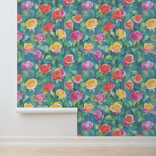 Garden blossoms, rose bushes watercolor pattern wallpaper (Application)
