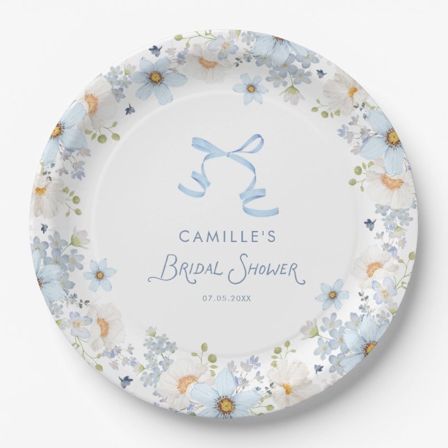 Garden Blue Floral Bridal Shower Paper Plate (Front)