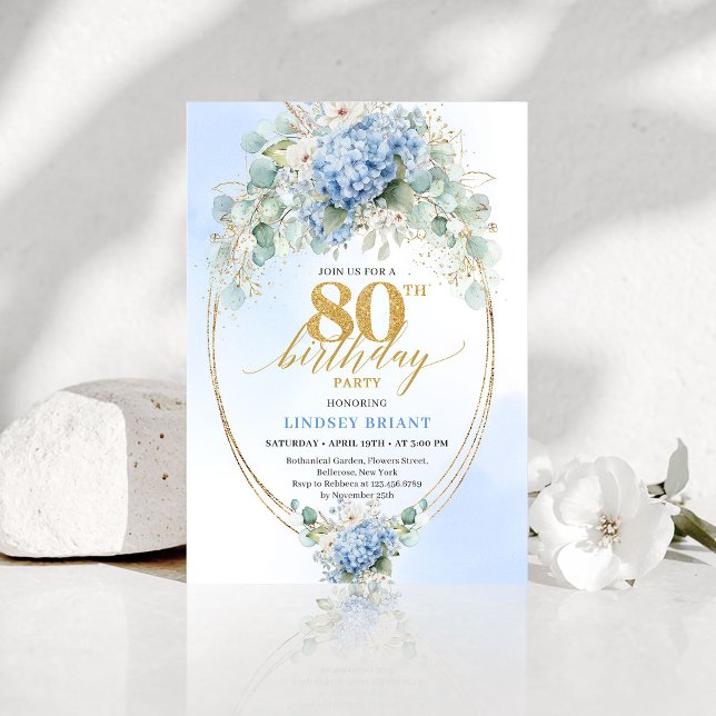 Garden Blue Floral Gold 80th Birthday Invitation (Garden Blue Floral Gold 80th Birthday Invitation)