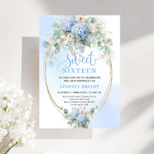 Garden Blue Floral Gold Sweet 16 Birthday Invite