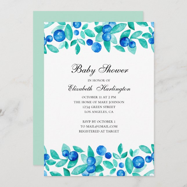 Garden blueberries. Blue and mint baby shower Invitation (Front/Back)
