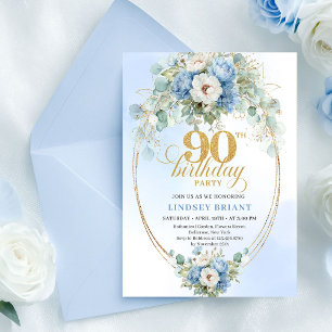 Garden Boho Blue Floral 90th Birthday Invite