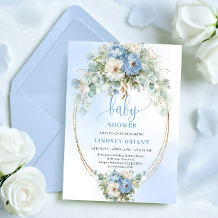 Garden Boho Dusty Blue Flowers Greenery Baby Showe Invitation