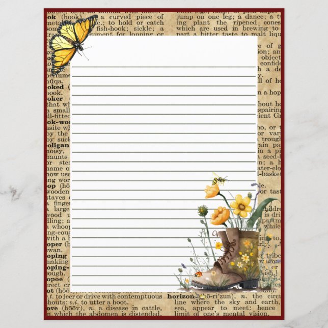 Garden Boot Vintage Dictionary Page Stationery (Front)