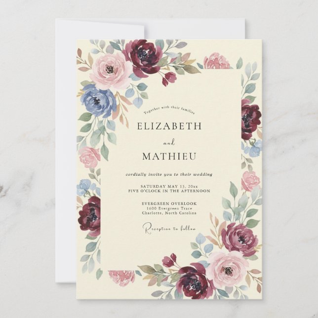 Garden Burgundy Blue Rose Wedding Invitation (Front)