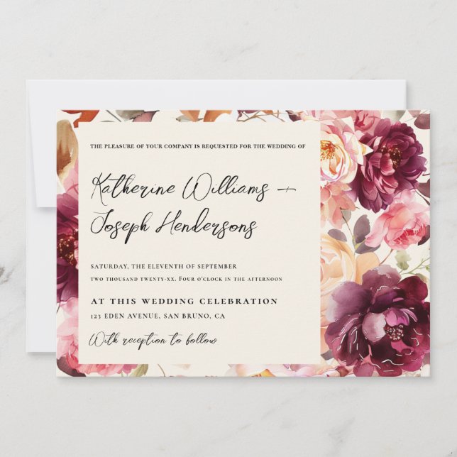 Garden Burgundy Script calligraphy Details Wedding Invitation (Front)