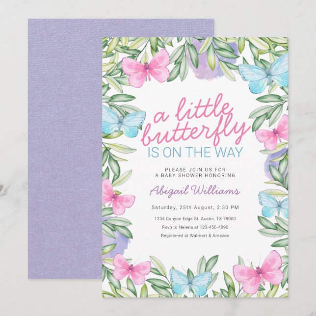 Garden Butterfly on The Way Girl Baby Shower Invitation (Front/Back)