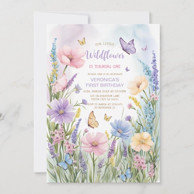 Garden Butterfly Wildflower 1st Birthday Invitation (Front)