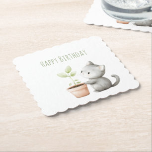 Garden Cat with Plant Birthday Paper Coaster