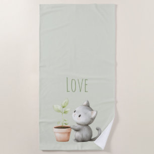 Garden Cat with Plant Love Beach Towel