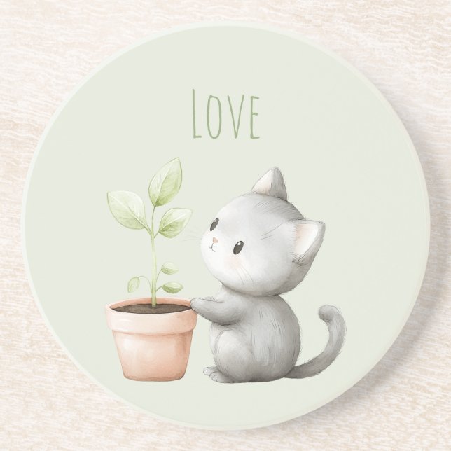 Garden Cat with Plant love  Coaster (Front)