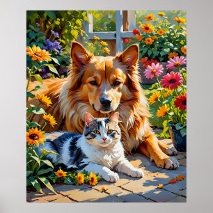 Garden Companions Cat and Dog Poster