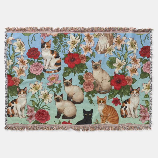 Garden Companions – Floral Cats in Bloom Throw Blanket (Front)