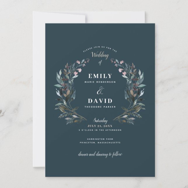 Garden Crest | Dark Blue Sea | Wedding Invitation (Front)