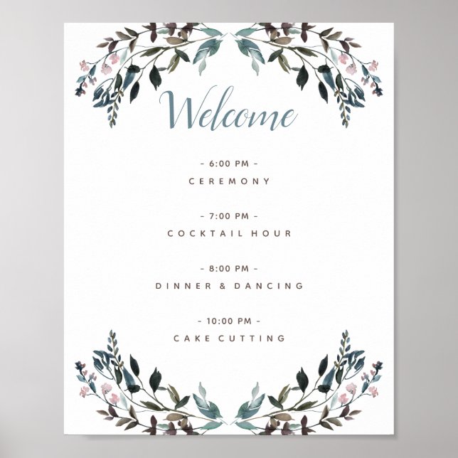 Garden Crest White Blue Floral Wedding Program Poster (Front)