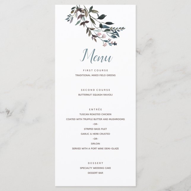 Garden Crest | White Blue Floral Wedding Script Menu (Front)