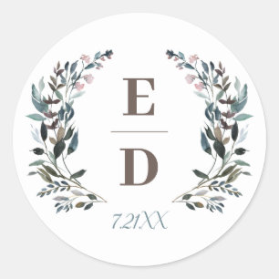Garden Crest White Blue Wedding Monogram Date Classic Round Sticker
