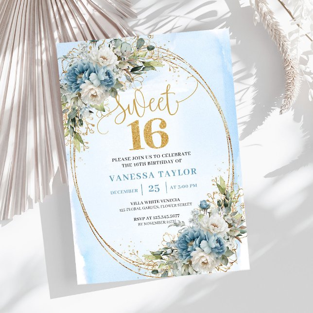 Garden Dusty Blue Floral Sweet 16th Birthday   Invitation (Garden Dusty Blue Floral Sweet 16th Birthday Invite)