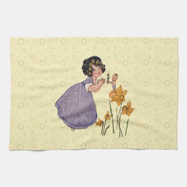 Garden Elf Daffodil Fairyland Spring Easter Tea Towel (Horizontal)