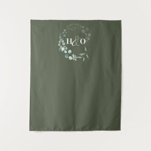 Garden Eucalyptus Monogram Sage Wedding Tapestry (Front)