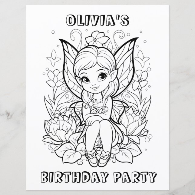 Garden fairy birthday party coloring activity  (Front)