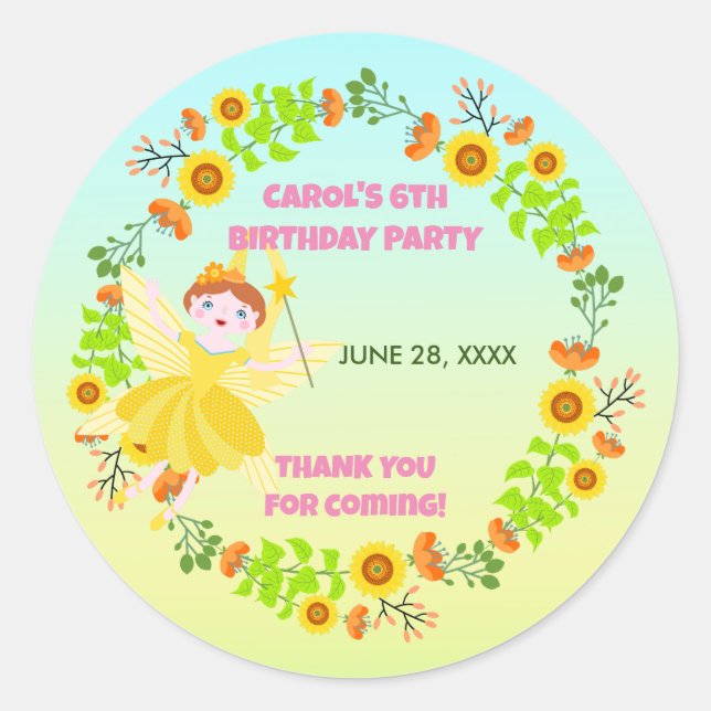 Garden Fairy with pet friends Birthday Party Classic Round Sticker (Front)
