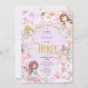 Garden fairy with pink purple flower, 3rd birthday invitation