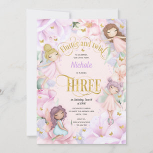 Garden fairy with pink purple flower, 3rd birthday invitation