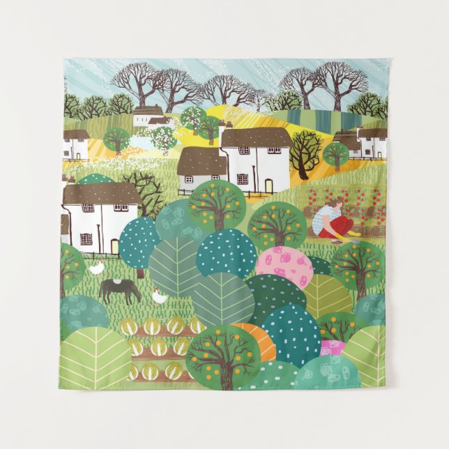 Garden, farm, nature and countryside. Vintage illu Tapestry (Front)