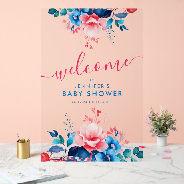 GARDEN FLORAL Blue Pink Baby Shower Welcome  Acrylic Sign (Wedding)