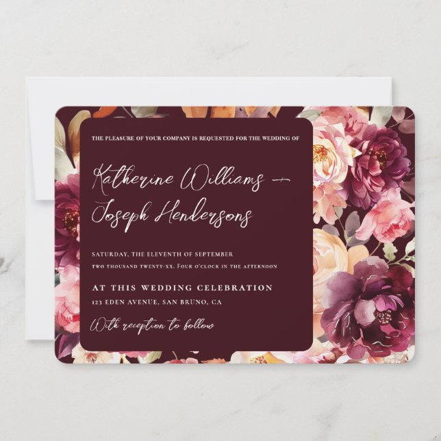 Garden Floral Burgundy Script calligraphy Wedding Invitation (Front)
