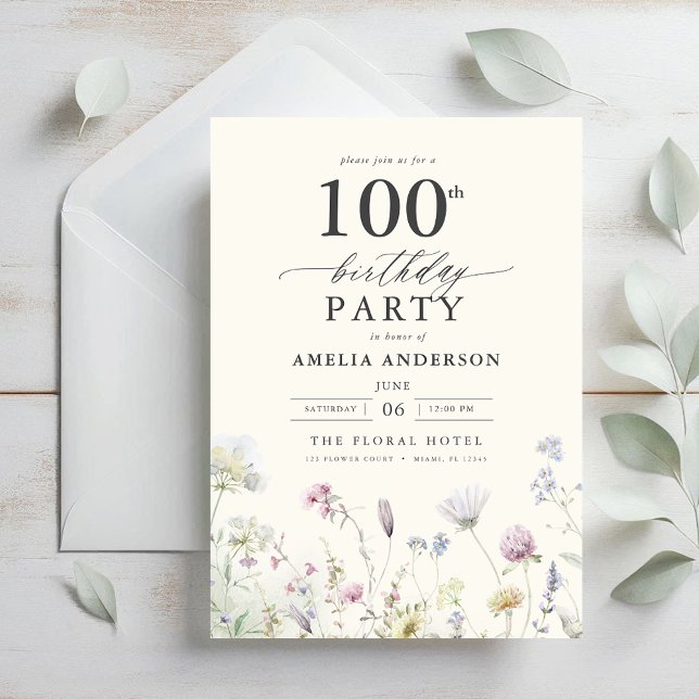 Garden Floral Calligraphy 100th Birthday Invitation (Creator Uploaded)