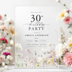 Garden Floral Calligraphy 30th Birthday Acrylic Invitations