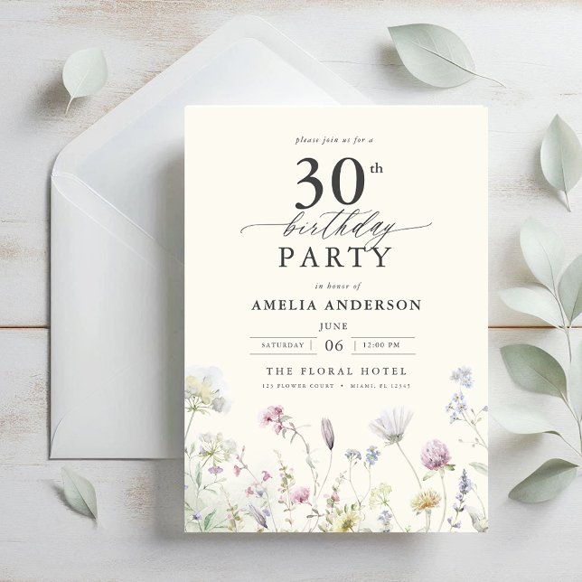 Garden Floral Calligraphy 30th Birthday Invitation (Creator Uploaded)