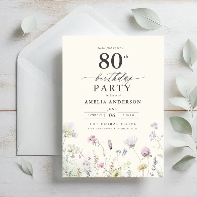 Garden Floral Calligraphy 80th Birthday Invitation (Creator Uploaded)