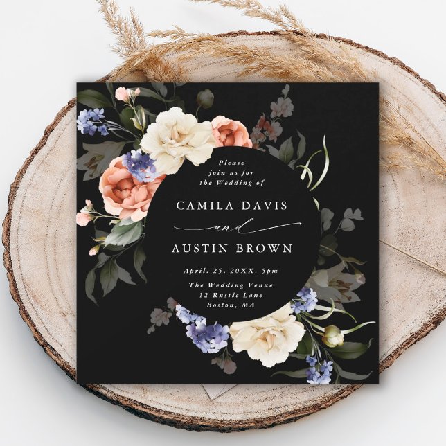 Garden Floral Circle Frame Black Wedding Invitation (Creator Uploaded)