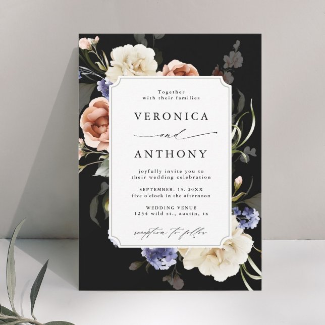 Garden Floral Frame Watercolor Wedding Black Invitation (Creator Uploaded)
