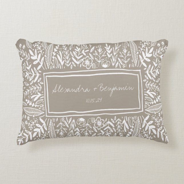 Garden Floral in Tan Border Personalised Wedding  Decorative Cushion (Front)
