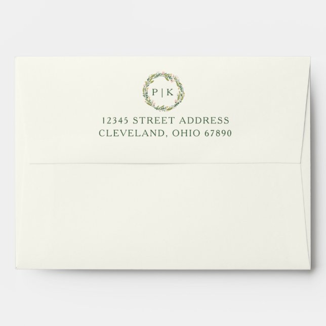 Garden Floral Monogram Wreath Pink Green Wedding Envelope (Back (Top Flap))