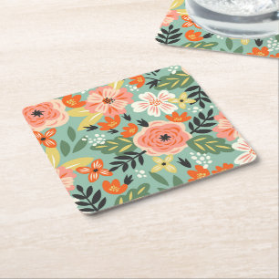 Garden Floral Pattern Square Paper Coaster