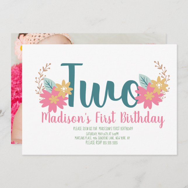 Garden Floral Pink Party Turning Two Birthday Invitation (Front/Back)