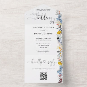 Garden Floral QR Code Hearts Script Wedding All In One Invitation