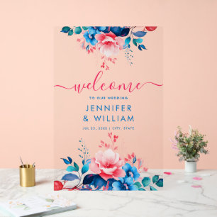Garden Floral Script Wedding Welcome Blue & Pink Acrylic Sign