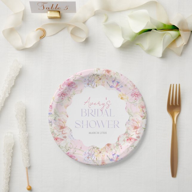 Garden Floral Wavy Wildflower Modern Bridal Shower Paper Plate (Wedding)