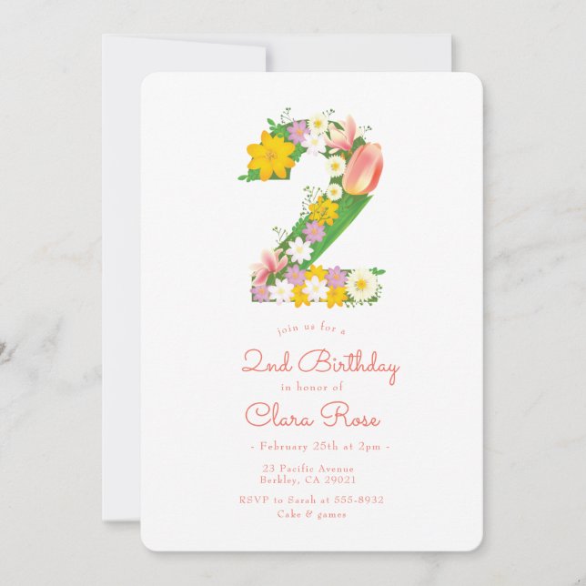Garden Flower 2nd Birthday Party Invitation (Front)
