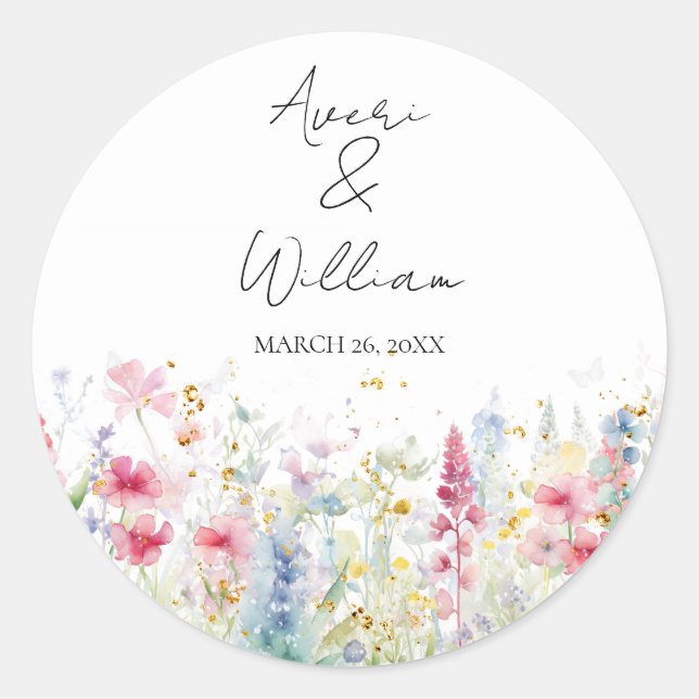 Garden Flower Watercolour Modern Boho Wedding Classic Round Sticker (Front)