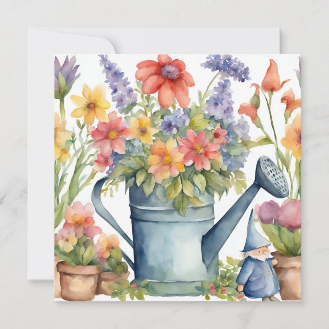 Garden Flowers and Watering Can Watercolor  Card (Front)