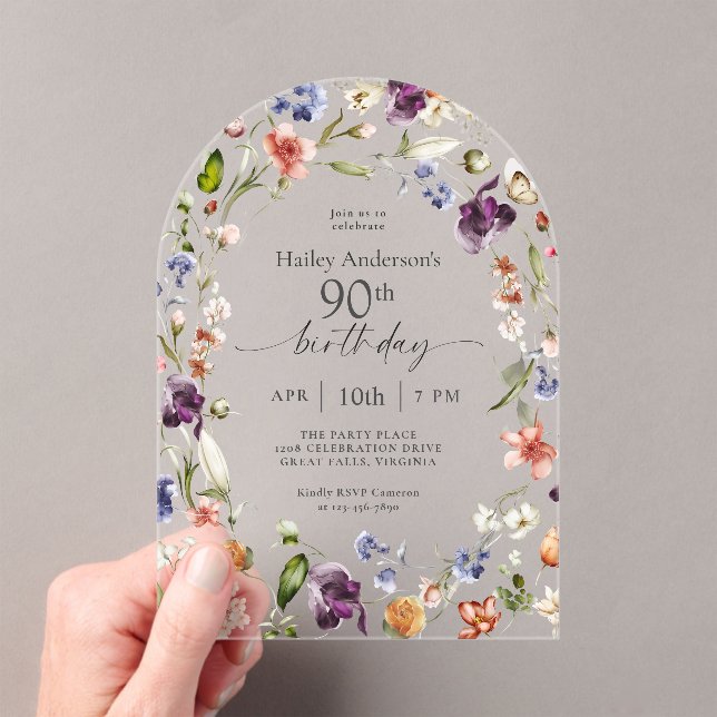 Garden Flowers Botanical Script 90th Birthday Acrylic Invitations (Insitu (Handheld))