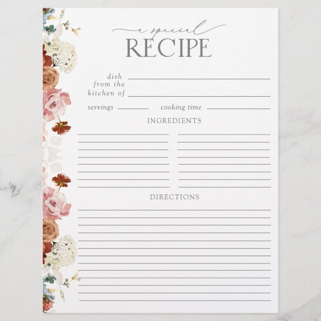 Garden Flowers Bridal Shower Recipe Binder Page (Front)